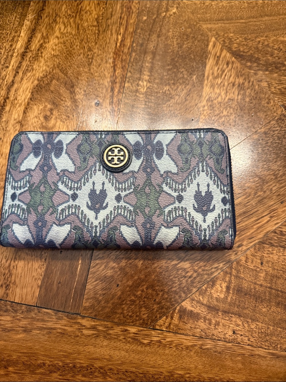 Tory Burch Ikat Zip-Around Continental Wallet in blue, green and lavender